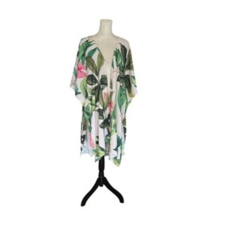 Tropical Leaf Print Kimono Cardigan 1XL/G1 Open Front Lightweight Cover-Up